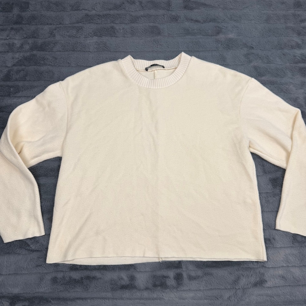 Zara Cream Off White Ribbed Crewneck Cotton Blend Knit Sweater Small 14838